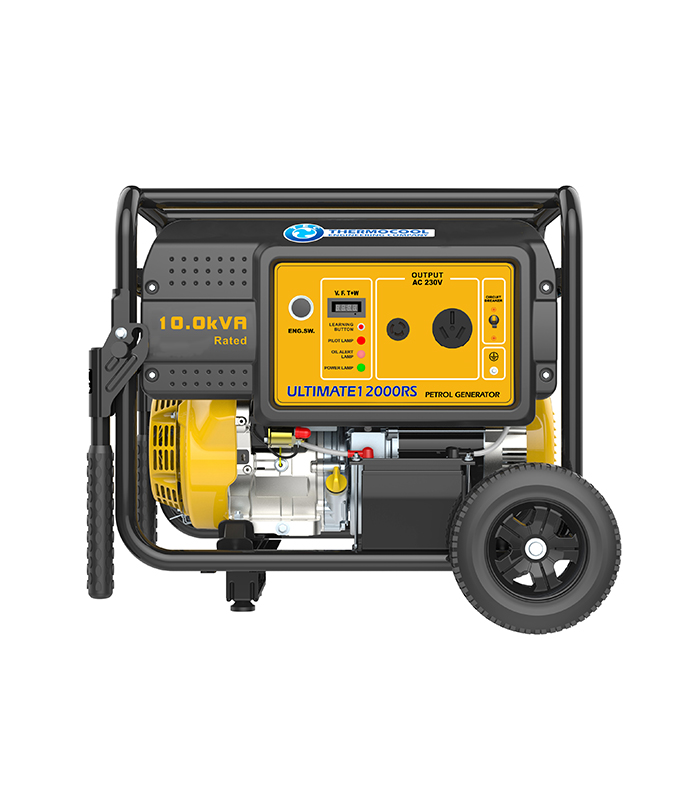 Ultimate 12000RS. 10.0kVA/8.0kW.Single phase petrol generator, 4 stroke,  OHV, forced air cooled, remote control start, 460cc single cylinder engine.  Suitable for very heavy loads. E.g. lightings, TV, Fans, Fridge, Freezer  and big